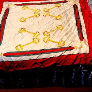 Gucci Red Green Gold Equestrian Print Silk Scarf